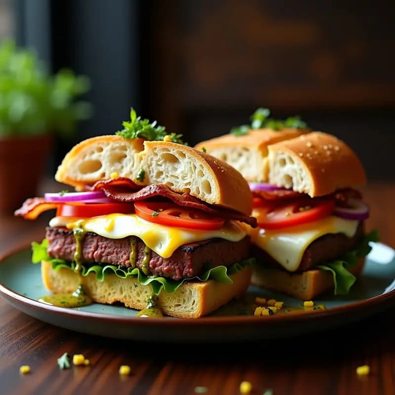 Sándwich gourmet Chivito Uruguayo con huevos escalfados, panceta ahumada crujiente, lomo de ternera, queso mozzarella, tomate, lechuga morada y cebolla, bañado en chimichurri con ají amarillo, servido en pan fresco y cortado por la mitad.