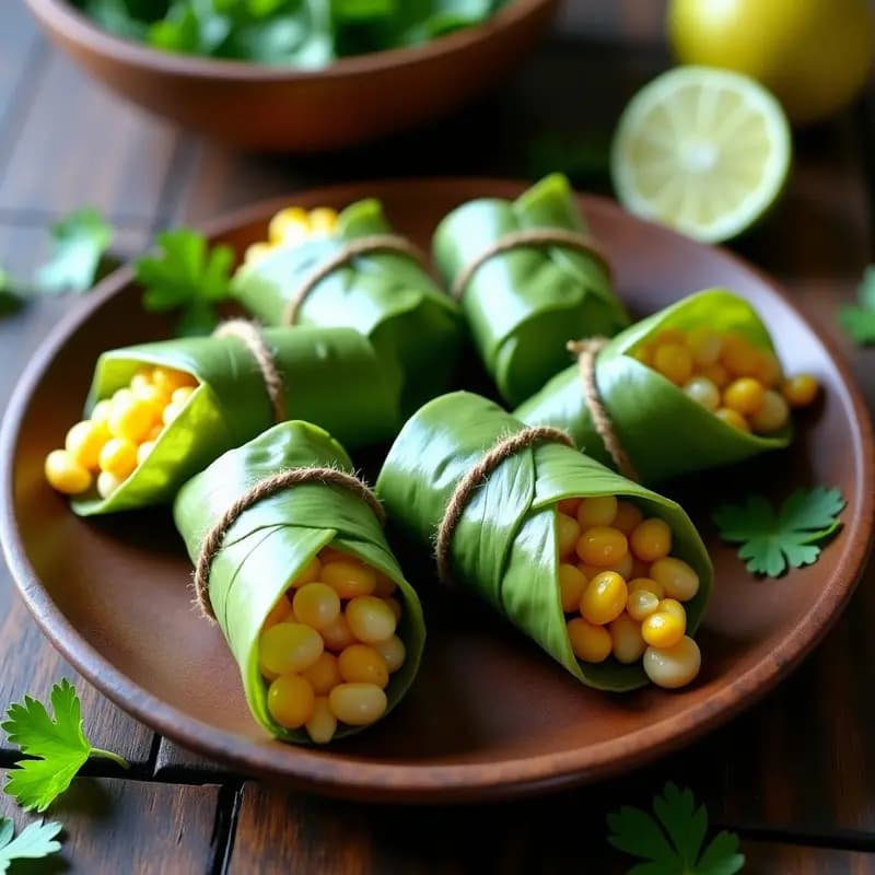 Paquetes de hoja de plátano abiertos mostrando choclo tierno, queso fresco derretido y salsa de ají amarillo, receta peruana al vapor en 15 minutos.