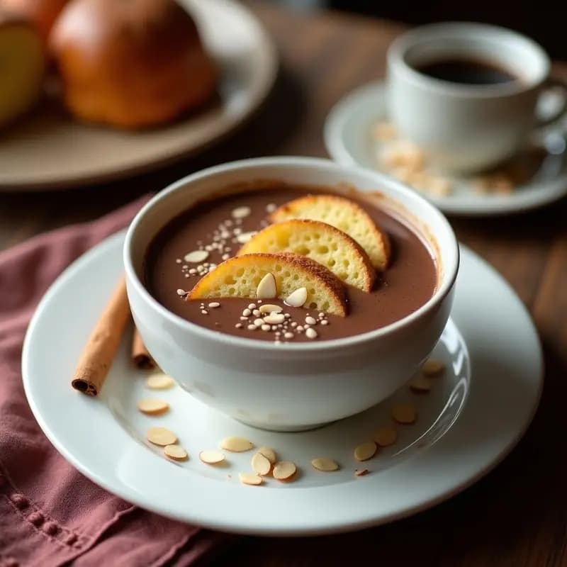 Bol hondo blanco con chocolatada espesa y brillante, coronada por rodajas de bizcocho esponjoso empapado en café, espolvoreadas con almendras fileteadas. Desayuno energético de invierno tradicional español.