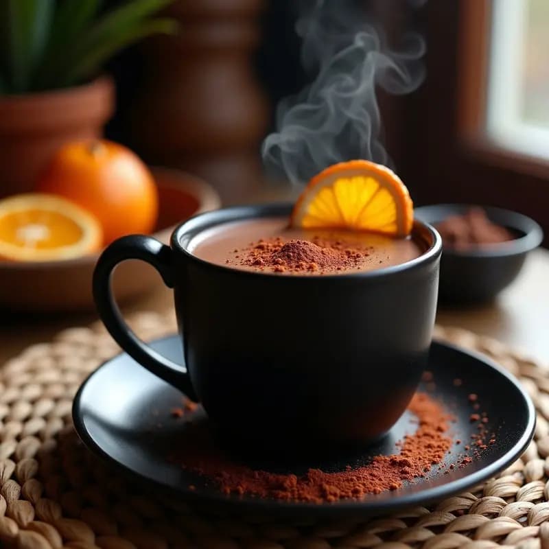 Taza de cerámica negra humeante con Chocolate Caliente con Chili y Naranja, decorada con espolvoreado de chili ahumado y una rodaja de naranja al lado, sobre una mesa de madera rústica con fondo de invierno.