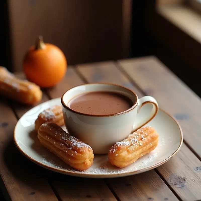 Taza humeante de chocolate caliente espeso con churros dorados de harina de coco al lado, espolvoreados con canela, sobre una mesa de madera rústica con detalles mexicanos.