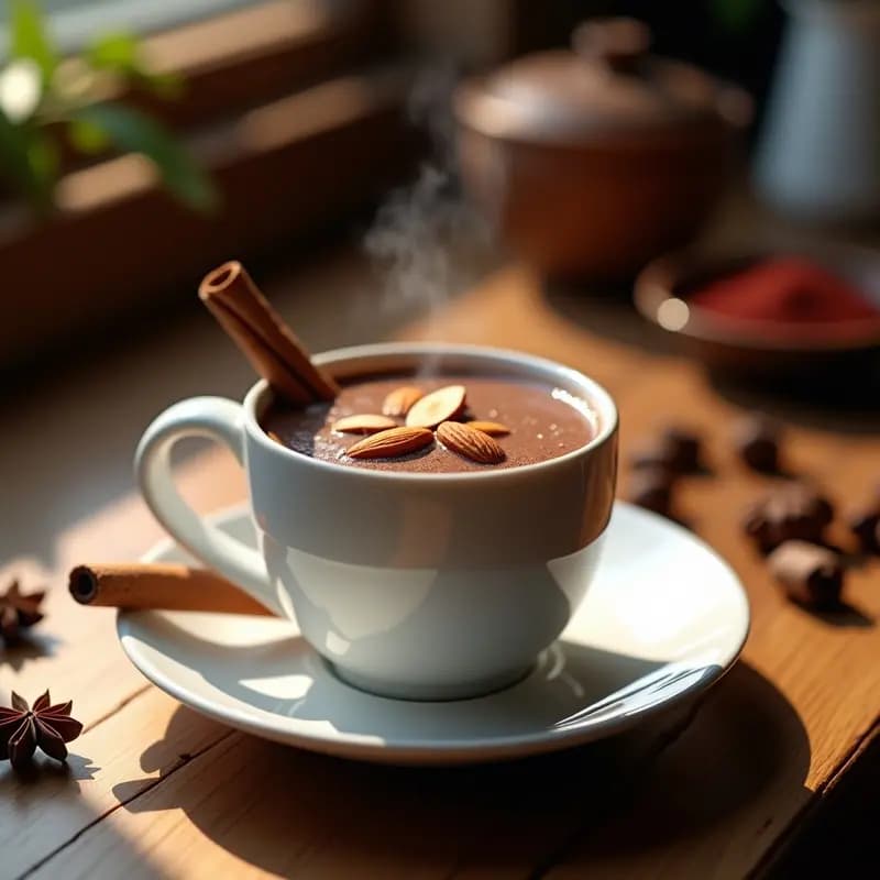 Taza de porcelana blanca humeante con chocolate caliente mexicano espeso, espolvoreado con almendras fileteadas tostadas y una rama de canela al lado. Fondo de mesa de madera rústica con especias enteras dispersas: anís estrellado, clavo de olor y pimienta de Jamaica.