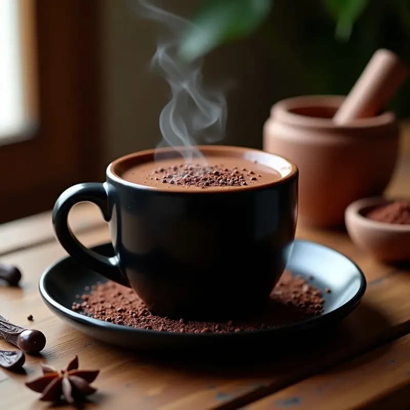 Taza de cerámica negra humeante con Chocolate Caliente con Especias Mayas y Pimienta de Chipotle, espolvoreado con semillas de cacao y un toque de chipotle en polvo, sobre una mesa de madera rústica con especias y una rama de canela al fondo.