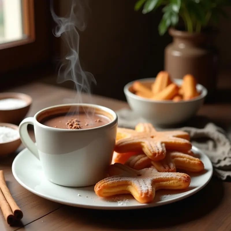 Taza humeante de chocolatería espesa junto a un plato de churros dorados y crujientes, servidos sobre papel de estraza. Desayuno tradicional español con toque casero.