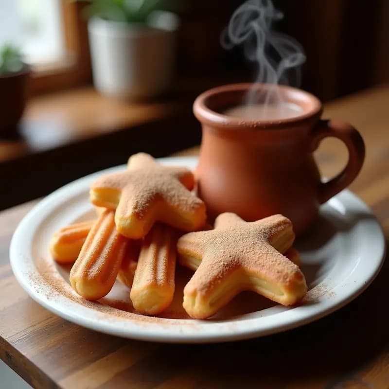 Plato de churros dorados y crujientes espolvoreados con azúcar y canela, acompañados de una taza humeante de chocolate espeso y oscuro, típico desayuno de invierno español.