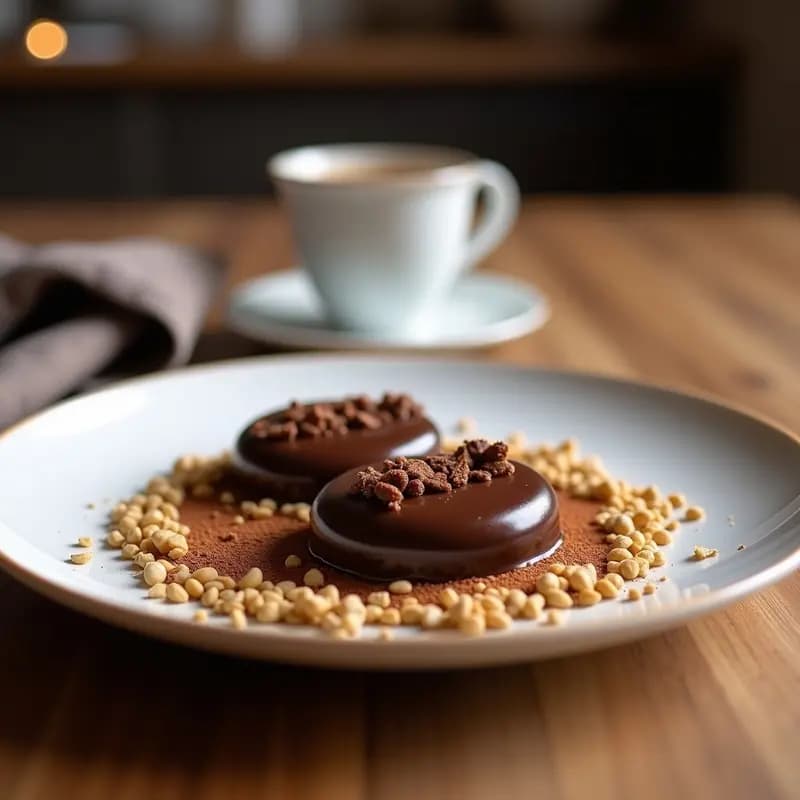 Bombones artesanales de chocolate negro brillantes rellenos de ganache de café y cardamomo, decorados con cacao en polvo y pistachos picados, dispuestos en una bandeja de madera con detalles árabes.