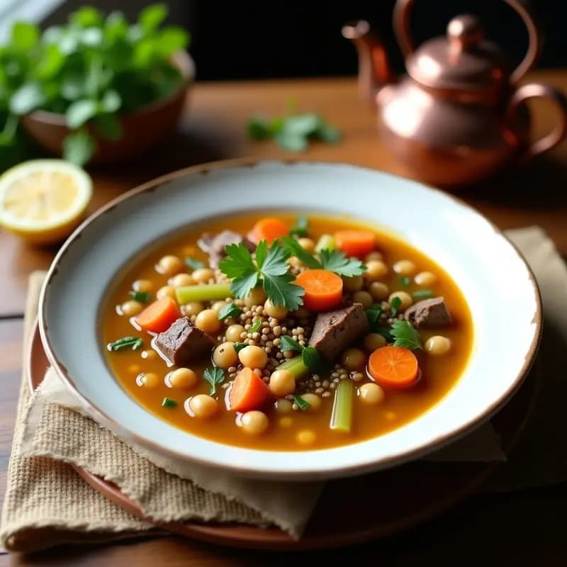 Cuenco hondo de cerámica blanca con Chorba Frik argelina tradicional, llena de trozos de cordero, garbanzos, trigo verde partido y verduras en un caldo dorado y especiado, decorada con cilantro fresco, semillas de sésamo y un gajo de limón al lado.