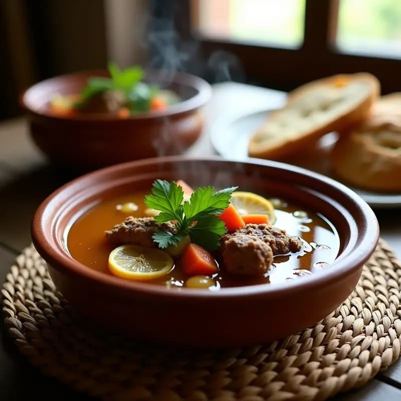 Cazuela de barro humeante con Chorba Frik árabe, cordero tierno, trigo verde tostado y rodajas de limón confitado, decorada con cilantro y menta fresca sobre fondo rústico.