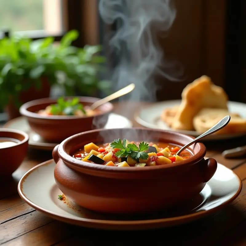 Olla de barro humeante con Chorba Frik de pollo y verduras, una sopa argelina picante y aromática con trozos de pollo, berenjena, calabacín y hierbas frescas, servida en cuencos de cerámica con pan tradicional al lado.