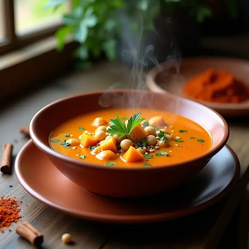 Cuenco hondo de cerámica oscura con Chorba argelina de garbanzos y calabaza picante, decorada con cilantro fresco y un chorrito de aceite de oliva, sobre una mesa de madera rústica con pan de pita tostado al lado.