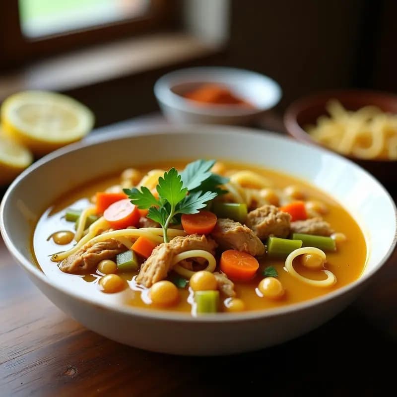 Cazuela de barro humeante con chorba marroquí de pollo y fideos sin gluten, fideos de arroz vibrantes, trozos de pollo tierno, zanahorias naranjas y hierbas frescas verdes, servida con gajos de limón amarillo.