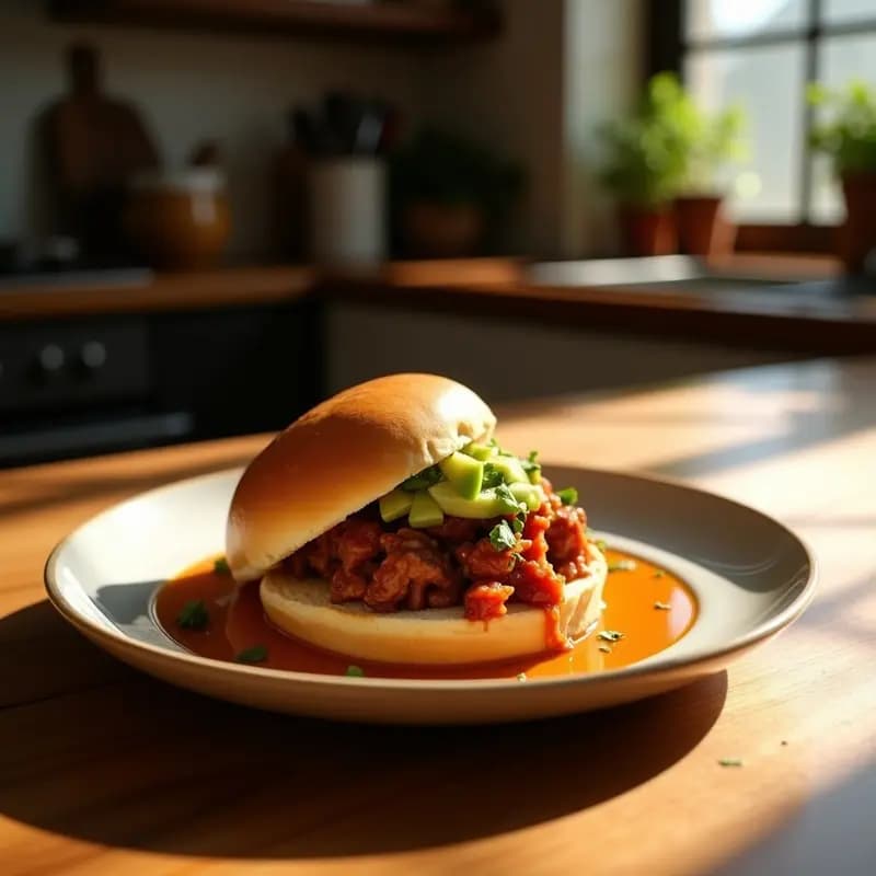 Chori Pan mexicano en bolillo tostado con chorizo desmenuzado, huevo frito, salsa de chipotle, crema de aguacate y cebolla morada picada, servido sobre tabla de madera rústica.