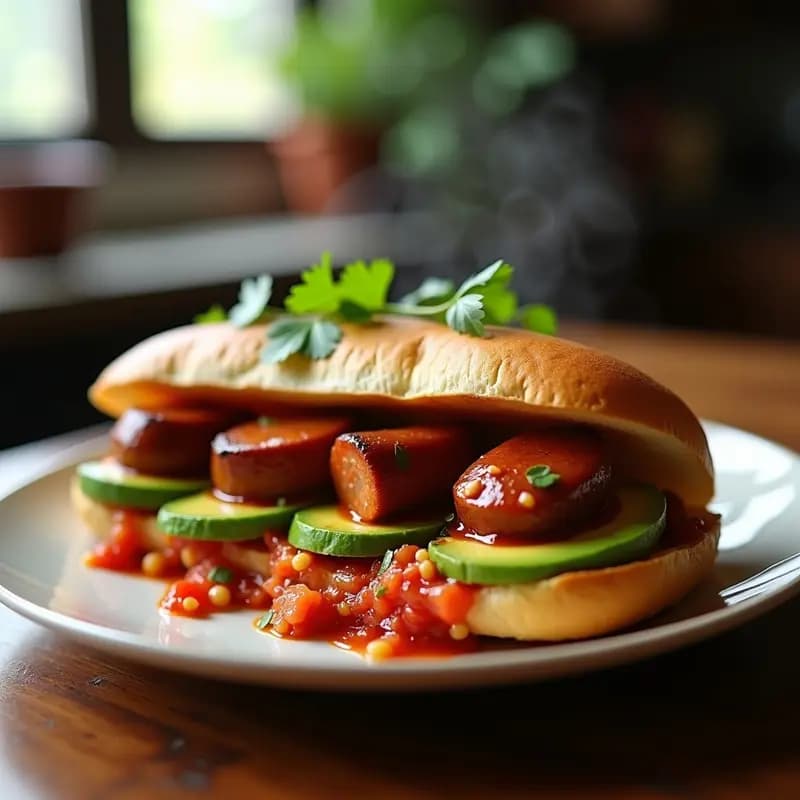 Choripán colombiano abierto mostrando chorizo asado en rodajas, hogao espeso de tomate y cebolla, y láminas de aguacate fresco, servido en pan tostado con cilantro espolvoreado.
