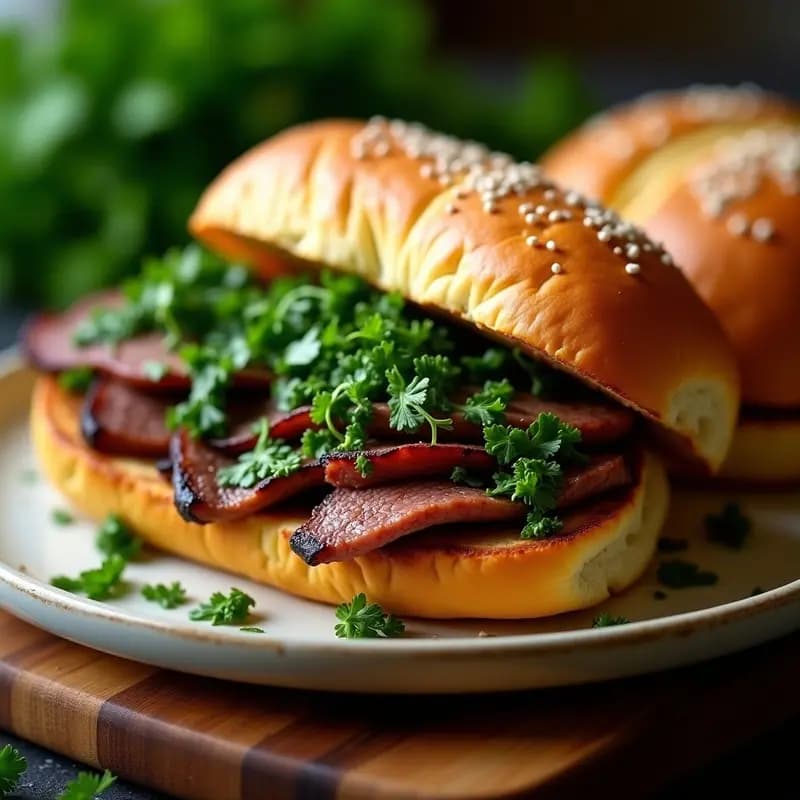 Choripán argentino abierto mostrando filetes de lomo jugosos, pan tostado dorado y chimichurri fresco de perejil y ajo, preparado en parrilla o airfryer.