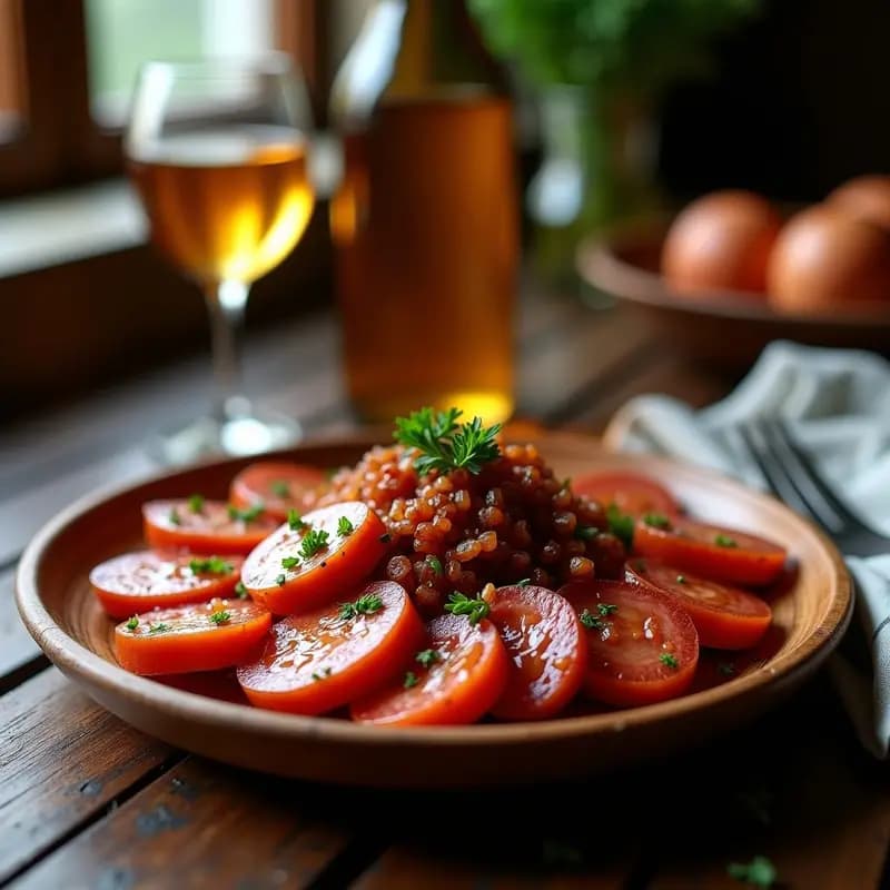 Plato de madera con choripos a la sidra asturiana, rodajas de chorizo fresco doradas con glaseado brillante de sidra, cebolla morada salteada y perejil fresco picado.