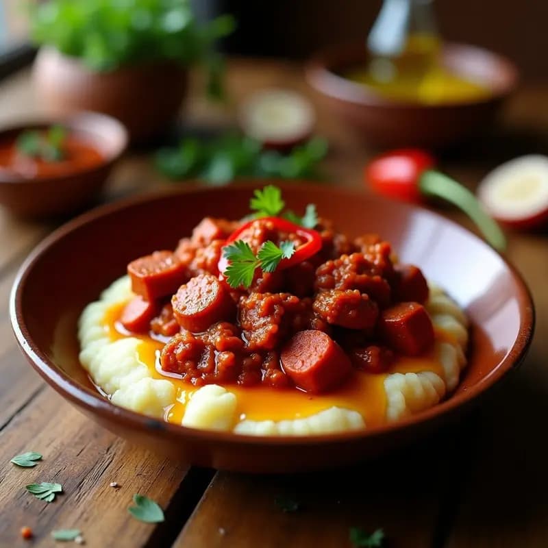Plato hondo de barro con Chorizo Colorado Argentino Vegano, hecho con seitán y especias, servido sobre puré de patatas cremoso. Decorado con rodajas de pimiento rojo asado y un hilo de aceite de oliva virgen extra. Receta de olla express con toque ahumado y color rojo intenso.