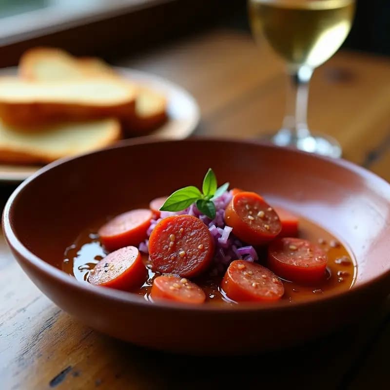 Cazo de barro humeante con rodajas de chorizo fresco cocinadas en sidra natural, acompañadas de cebolla morada juliana y caldo dorado reducido. Plato típico asturiano de tapa caliente, servido sobre mesa de madera rústica con pan tostado al lado.