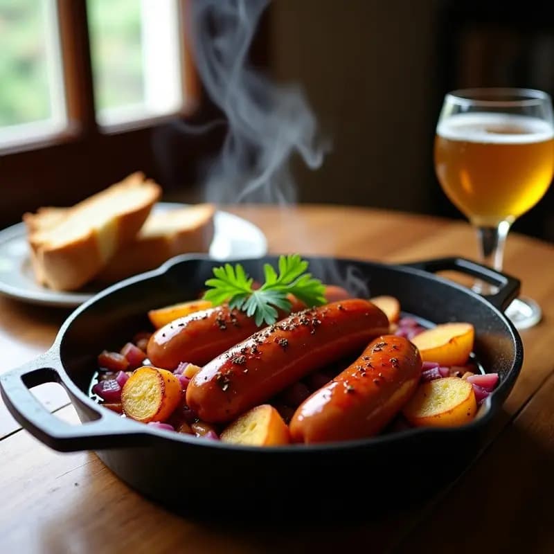 Sartén de hierro con chorizos enteros glaseados en salsa de sidra reducida, rodeados de patatas panaderas doradas con pimentón y cebolla morada. Plato tradicional asturiano humeante, decorado con perejil fresco.