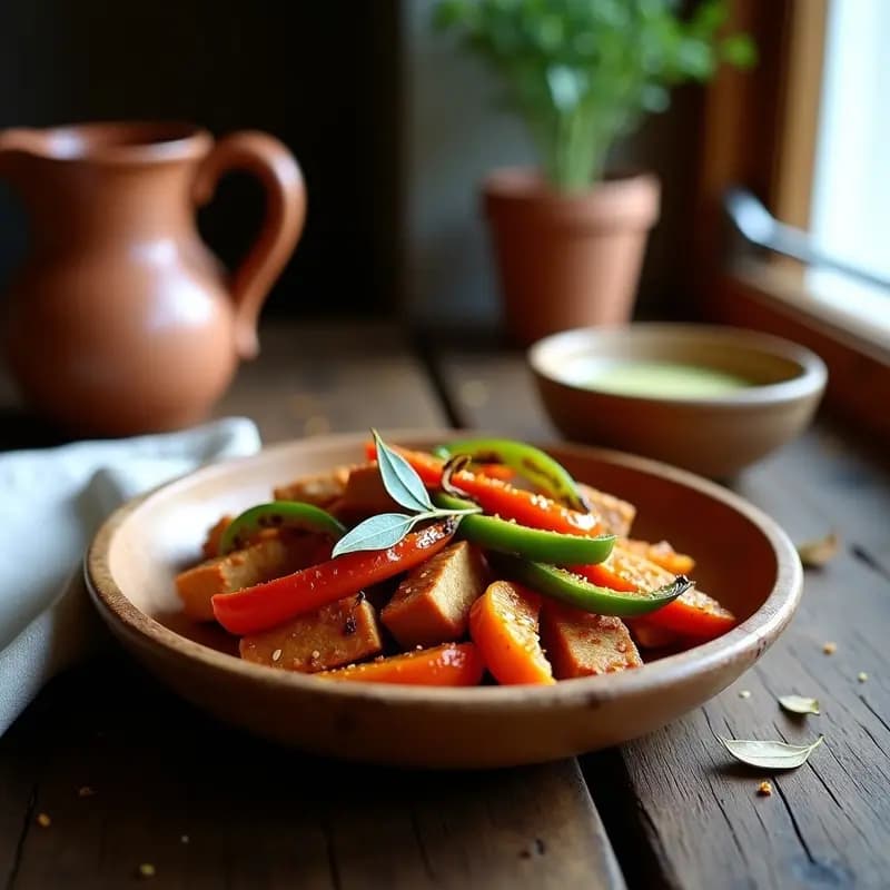 Plato de madera rústico con chorizo de tempeh dorado en tiras gruesas, acompañado de pimientos asados rojos y verdes en juliana, decorado con hojas de laurel. Receta vegana de chorizo de tempeh con pimientos asados inspirada en cocina española.