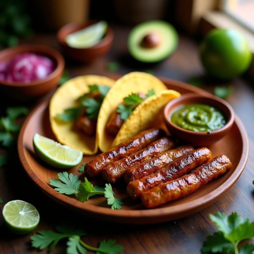 Plato rústico de madera con chorizo vegano de berenjena ahumada en forma de salchichas doradas, acompañado de tortillas de maíz, aguacate en rodajas y salsa picante verde. Receta de tacos veganos sin carne.
