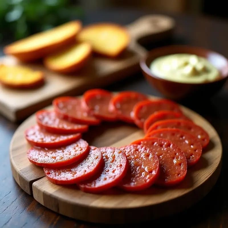 Plato de madera rústico con rodajas de chorizo vegano con seitán, doradas y humeantes, espolvoreadas con perejil fresco. Al fondo, pimentón de la Vera y aceitunas negras. Receta española de tapas sin gluten.
