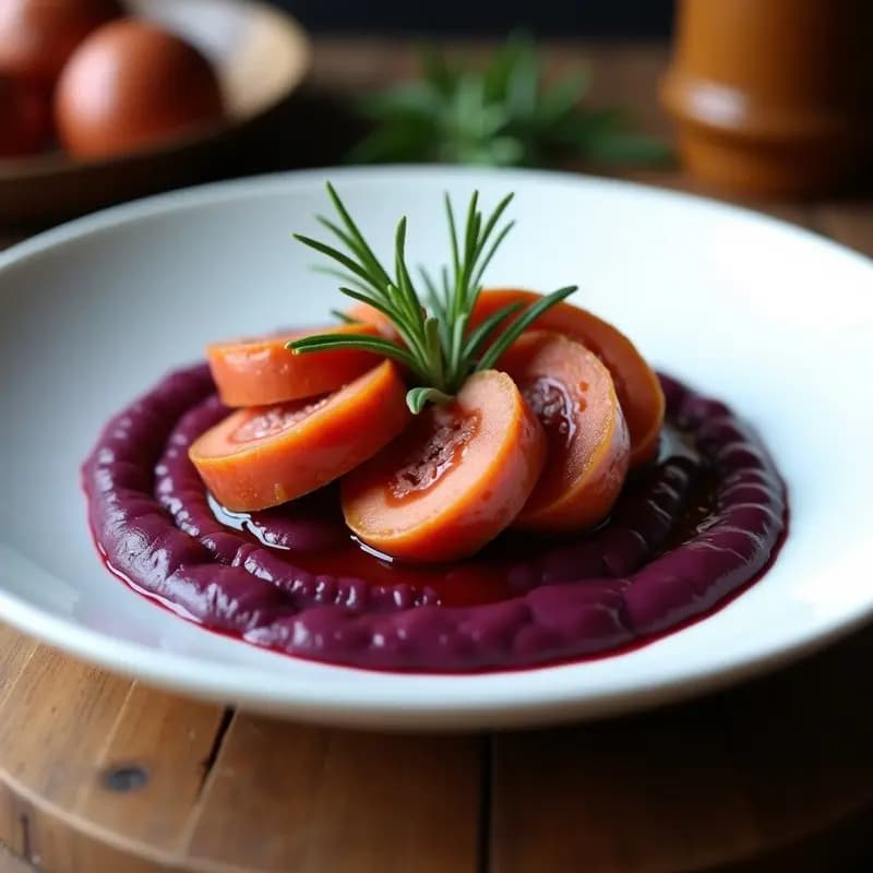 Plato gourmet argentino con rodajas gruesas de chorizo Viktoria dorado sobre un puré de papa morada cremoso y brillante, decorado con hojas de romero fresco y un hilo de reducción de vino tinto. Presentación elegante en plato blanco con detalles rústicos.