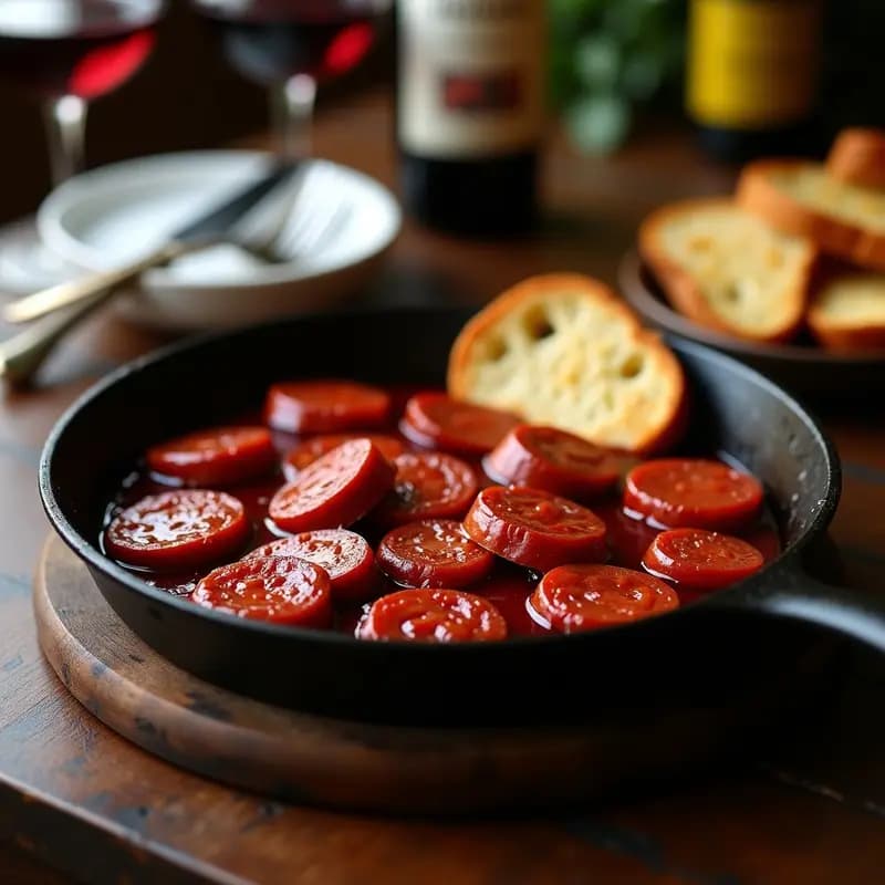 Sartén de hierro con chorizo al vino tinto reducido, servido sobre rebanadas doradas de pan de pueblo tostado. Fondos borrosos de cocina rústica y copas de vino.