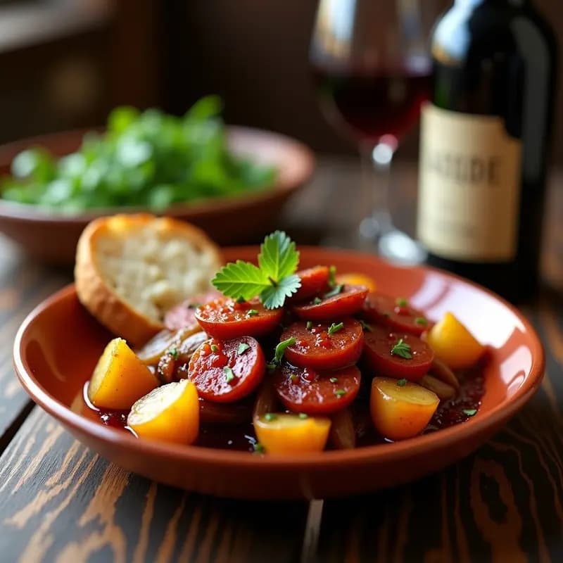 Plato hondo de barro con chorizo al vino tinto, cebolla caramelizada y patatas doradas, servido con pan rústico y decorado con perejil fresco. Tapa española tradicional y reconfortante.