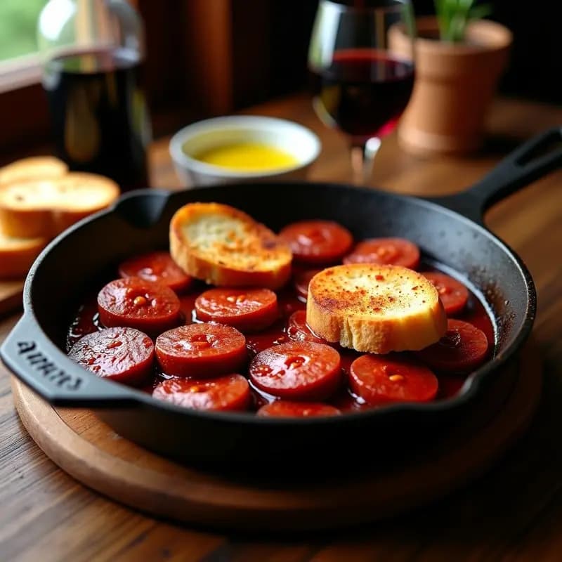 Sartén de hierro con rodajas de chorizo al vino tinto humeantes, servidas sobre rebanadas de pan rustido tostado. Tapa castellana tradicional con reducción brillante de vino.