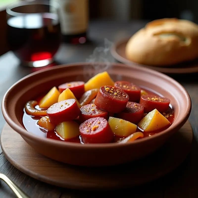 Plato hondo de barro con chorizo al vino tinto y patatas en rodajas, cocinado en olla lenta, con un fondo de cebolla caramelizada y caldo espeso. Tapa castiza humeante lista para servir.