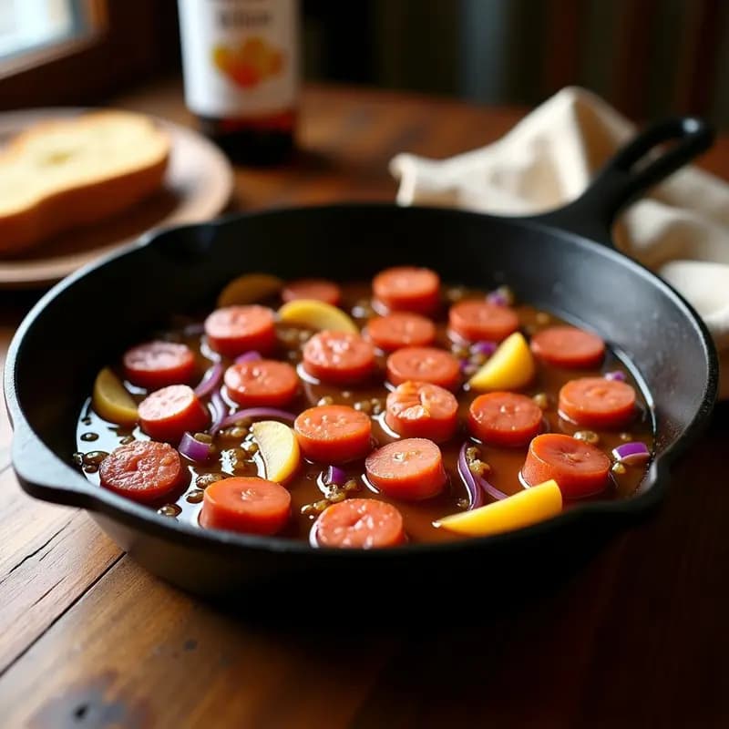 Sartén antiadherente con chorizos dorados cortados en rodajas, bañados en salsa brillante de sidra y trozos de manzana caramelizada, acompañados de cebolla morada. Tapa asturiana tradicional lista para servir.