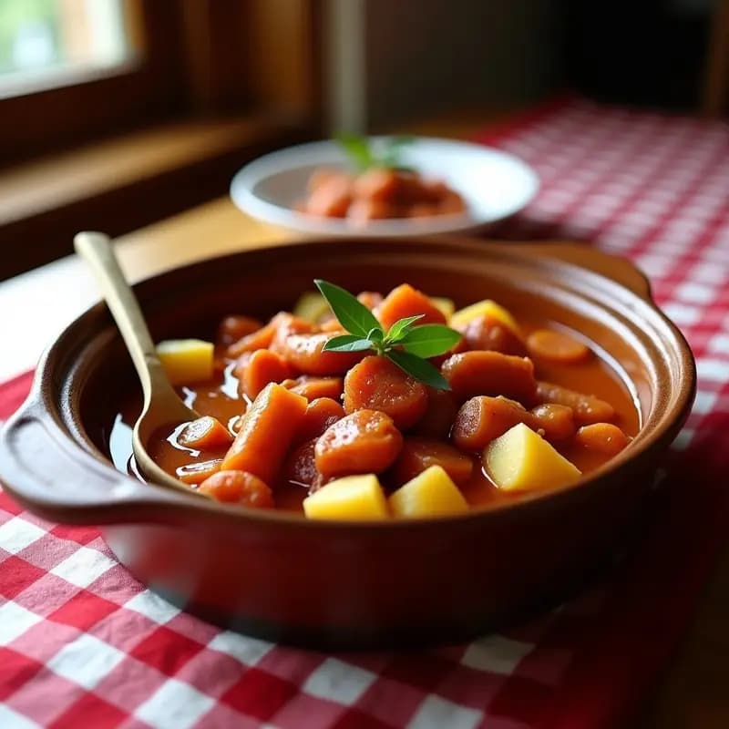 Cazuela de barro con chorizos a la sidra cortados en rodajas gruesas sobre patatas doradas, bañados en una salsa espesa y brillante de color ámbar. Decorado con una hoja de laurel y servido en un mantel rústico de cuadros rojos y blancos, típico asturiano.