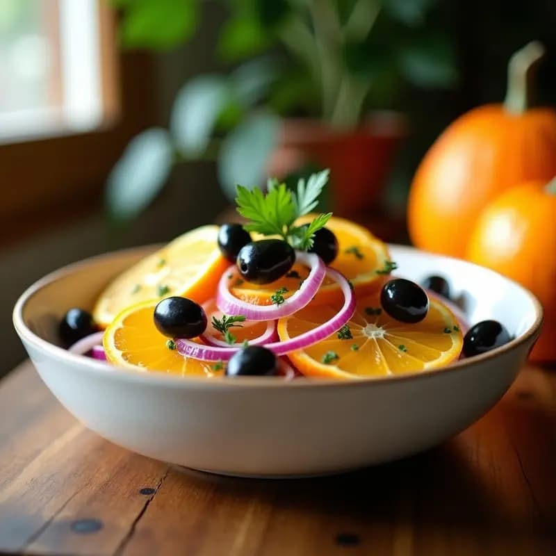 Fuente blanca de cerámica con rodajas de naranja, cebolla morada en juliana y aceitunas negras deshuesadas, aliñadas con aceite de oliva y perejil fresco. Plato típico murciano conocido como Chorreta Murciana.