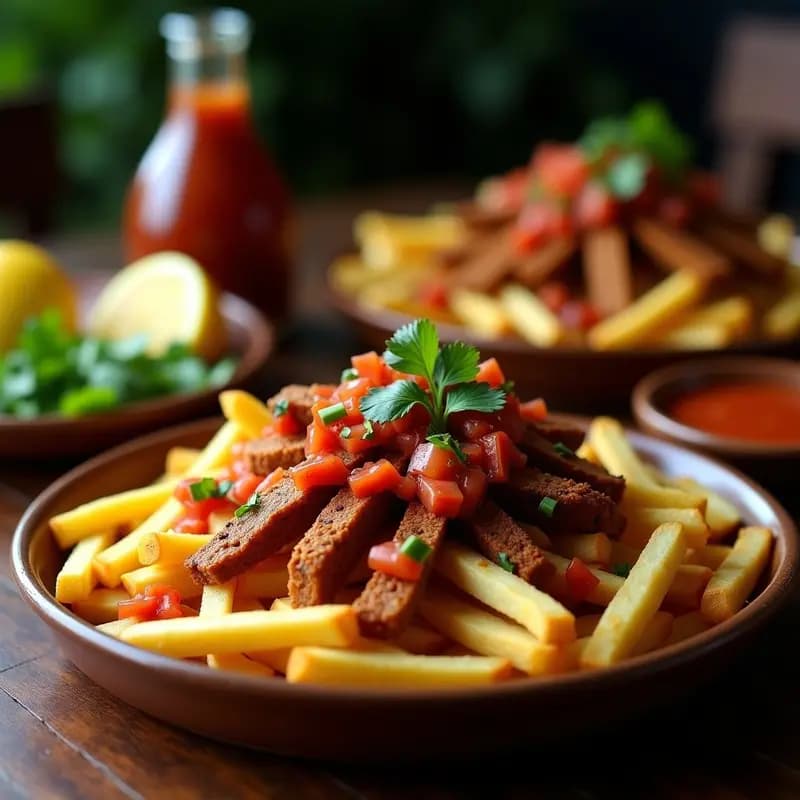 Plato hondo de barro con chorrillana chilena vegana: papas fritas doradas y crujientes cubiertas con tiras de seitán marinado y una generosa porción de salsa criolla fresca con cebolla morada, tomate y cilantro.