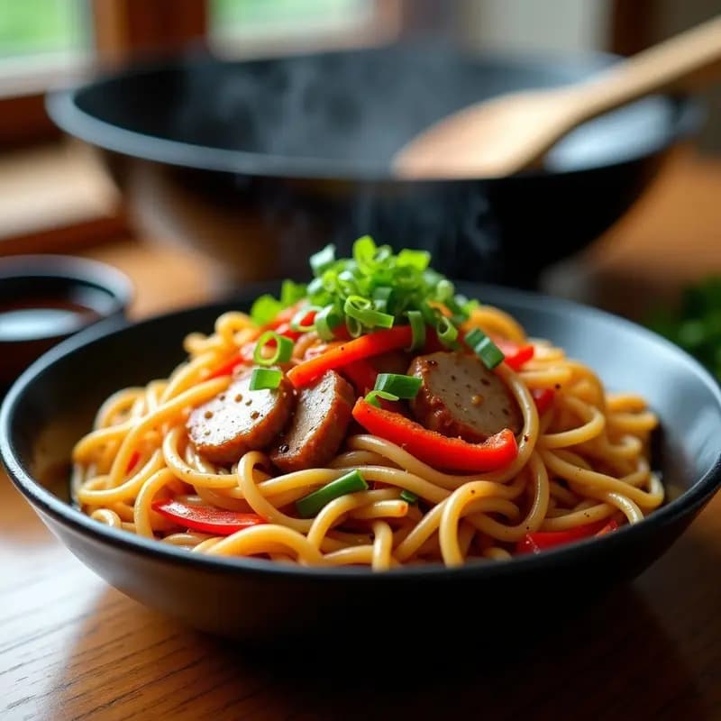 Plato hondo de cerámica negra con chow mein de fideos de huevo dorados, trozos de lomo de cerdo salteado, zanahoria, pimiento rojo y brotes de soja, bañados en salsa de soja oscura. Decorado con cebollino picado y aceite de sésamo brillante. Fondo borroso de wok humeante y utensilios de cocina china.