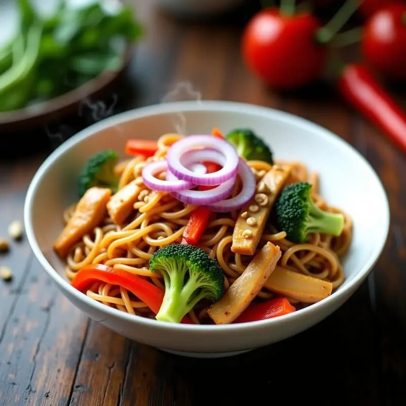 Plato hondo de porcelana blanca con Chow Mein de pollo y verduras salteadas en wok, fideos dorados mezclados con tiras de pollo, brócoli, zanahoria, pimiento rojo y cebolla morada, decorado con cebollino fresco y semillas de sésamo, con un fondo de madera oscura y utensilios de cocina chinos.
