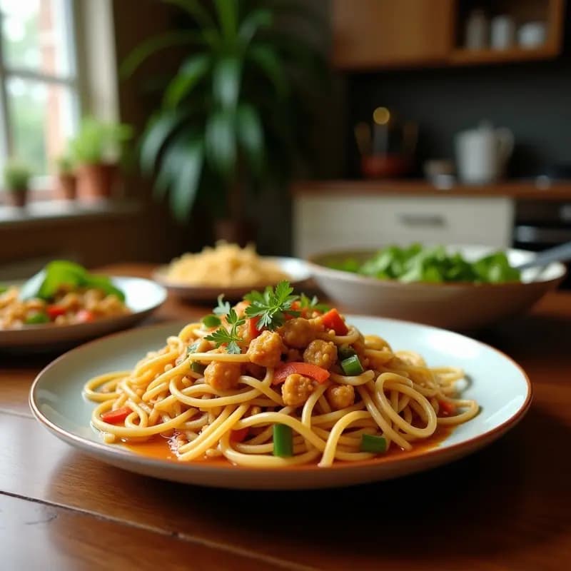 Plato hondo de Chow Mein de pollo y verduras con fideos de huevo dorados, trozos de pollo jugoso, zanahoria, pimiento rojo y brócoli salteados, decorado con semillas de sésamo y cebollino fresco.