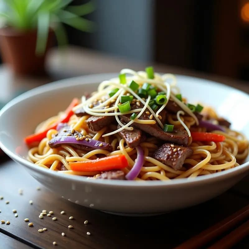 Plato hondo de cerámica blanca con chow mein de fideos de arroz y ternera salteada, acompañada de verduras coloridas (cebolla morada, pimiento rojo y zanahoria) y brotes de soja. Decorado con cebollino picado y un brillo de aceite de sésamo, sobre fondo oscuro de madera.