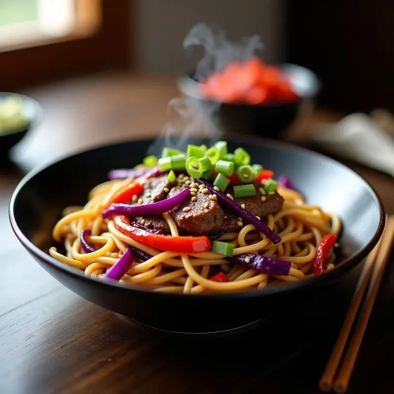 Plato hondo de cerámica blanca con Chow Mein de ternera y repollo morado, fideos dorados salteados con tiras de carne, repollo morado brillante, zanahoria y cebolla, decorado con cebollino fresco y semillas de sésamo tostadas.