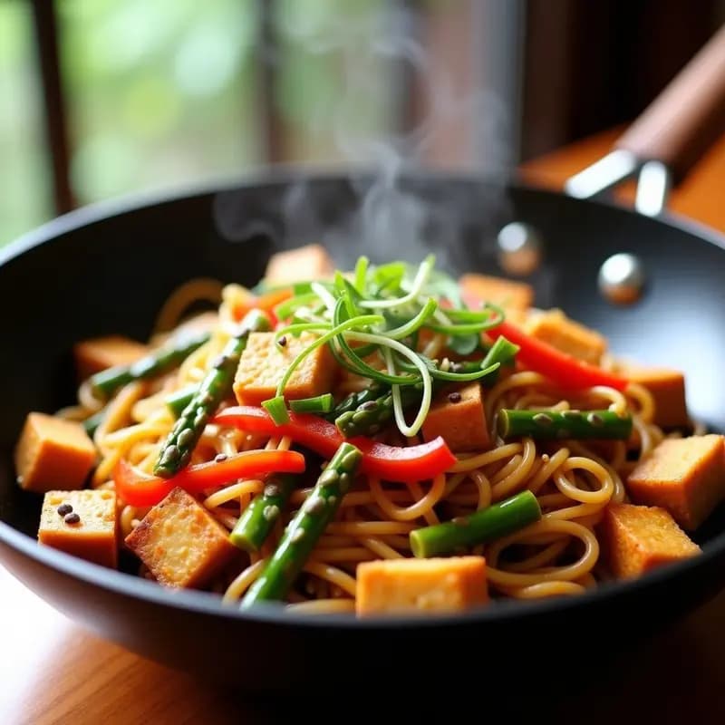 Plato hondo de cerámica negra con chow mein vegano: fideos de arroz salteados con tofu ahumado dorado, zanahoria morada, col china y espárragos trigueros, decorado con semillas de sésamo negro y cebollino picado.