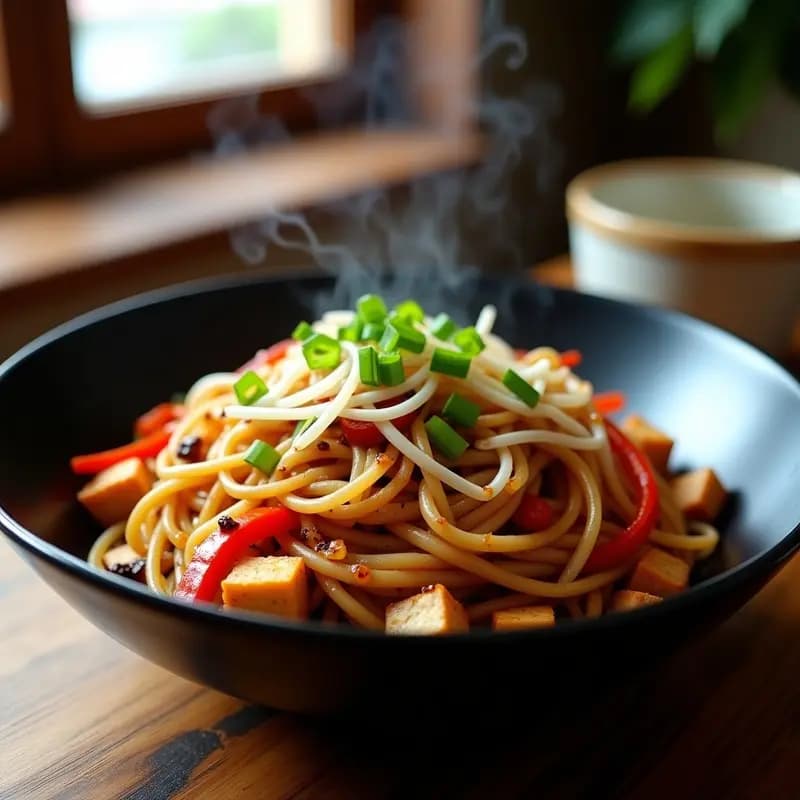 Plato hondo de cerámica negra con Chow Mein de fideos de trigo sarraceno vegano sin gluten, salteado con tofu dorado, pimiento rojo, zanahoria, brotes de soja y almendras fileteadas, decorado con cebollino fresco y salsa umami brillante.