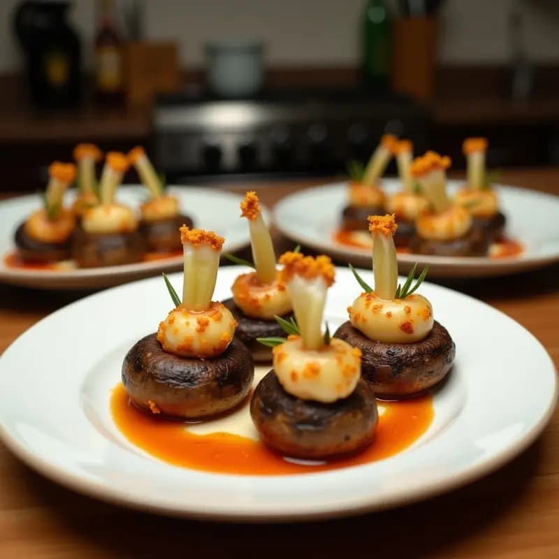 Plato blanco con chpepitos de calamar rellenos de su tinta, dorados y crujientes, servidos con una rodaja de limón y perejil fresco. Receta de tapa marina sorprendente.