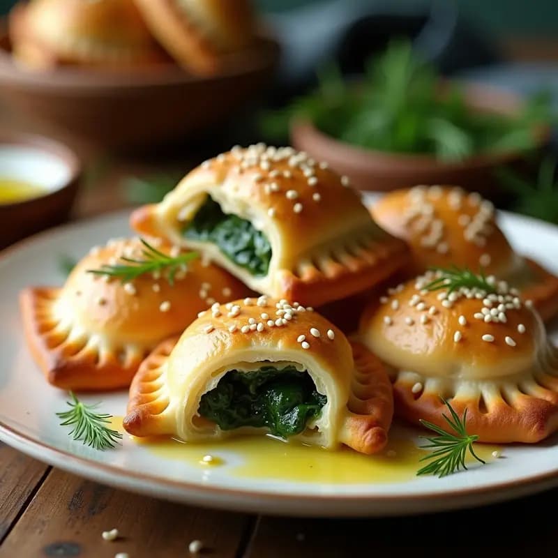 Chronos Griegos de espinacas y queso feta en Airfryer, hojaldres dorados y crujientes rellenos de espinacas verdes y queso blanco desmenuzado, decorados con semillas de sésamo, servidos en un plato de cerámica blanca con un chorrito de aceite de oliva.