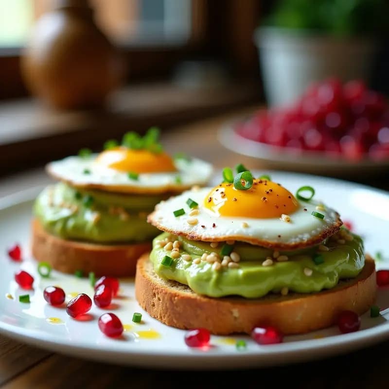 Plato blanco con Chrom de pan de molde tostado en capas, crema de aguacate verde brillante, huevo frito con yema líquida, semillas de sésamo doradas y granada roja. Desayuno iraní crujiente y nutritivo con toque de azafrán.