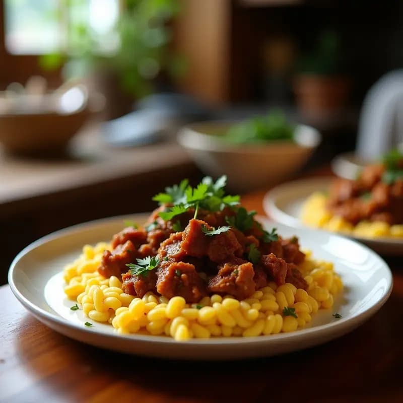 Plato tradicional ecuatoriano de chugchucaras con cortezas de cerdo fritas crujientes, mote de maíz, maíz tierno, papas amarillas y salsa cremosa de maní y ají, decorado con cilantro fresco.