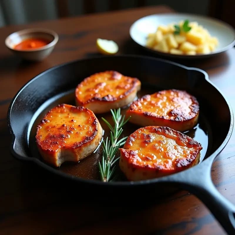 Sartén de hierro con chuletas de cerdo a la brasa doradas y jugosas, espolvoreadas con pimentón de la Vera, acompañadas de romero fresco, receta extremeña tradicional.