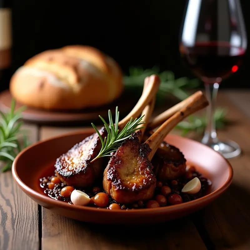 Fuente de barro con chuletas de cordero al sarmiento, doradas y jugosas, sobre una cama de sarmientos tostados. Acompañadas de un sofrito de cebolla y vino tinto de Rioja, con romero fresco como decoración.