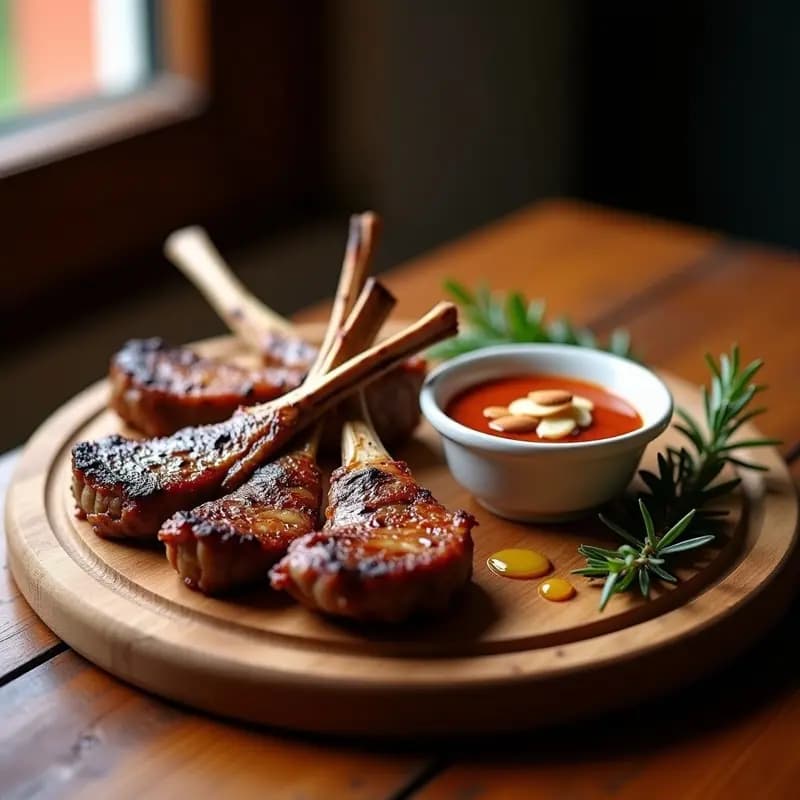 Plato de madera con chuletillas de cordero a la brasa perfectamente selladas, jugosas y doradas, acompañadas de una generosa porción de salsa romesco cremosa y oscura en un cuenco pequeño. Al fondo, ramas de romero fresco y un chorrito de aceite de oliva virgen extra.