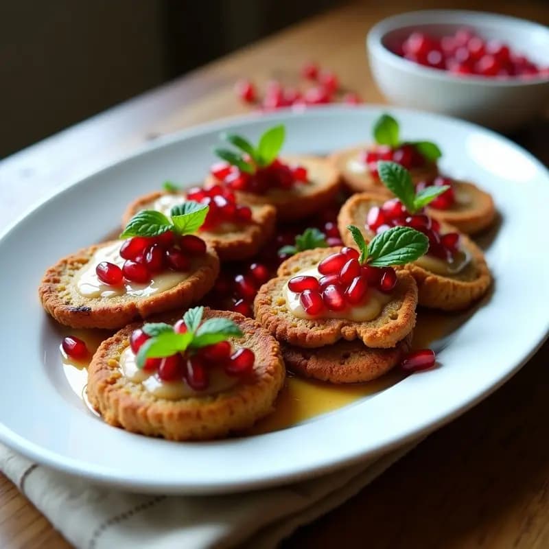 Plato blanco con dos chuletones de berenjena dorados y jugosos, bañados en salsa de tahini cremosa, decorados con granos de granada rojos brillantes y hojas de menta fresca. Receta líbano vegana gourmet con texturas contrastantes.