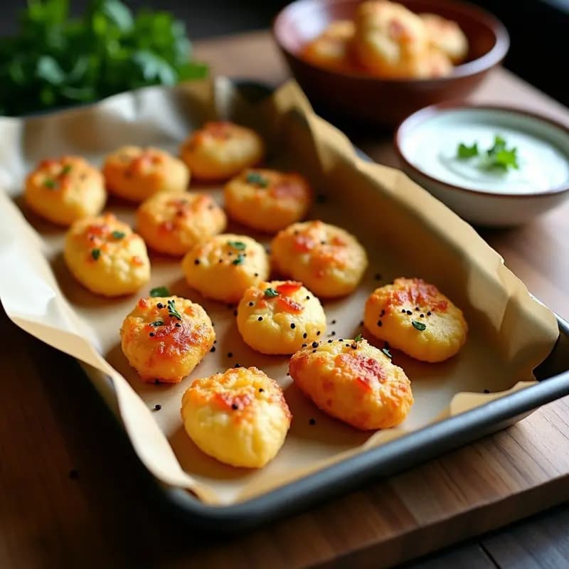 Plato de chuñas de queso feta y tomates secos doradas y crujientes, con semillas de sésamo tostadas, servidas sobre papel de horno con hierbas frescas al lado.